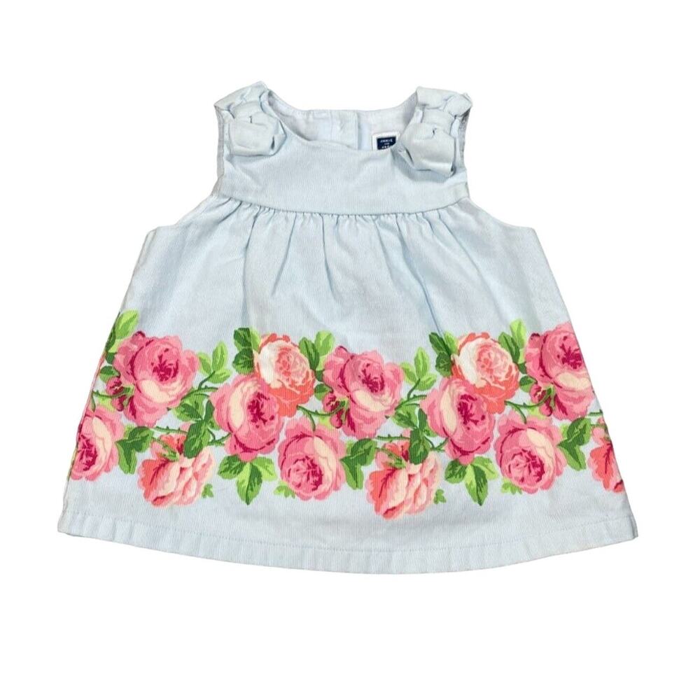 Janie And Jack Baby Girls Size 6-12M Sky Blue Rose Print Dress Easter Spring